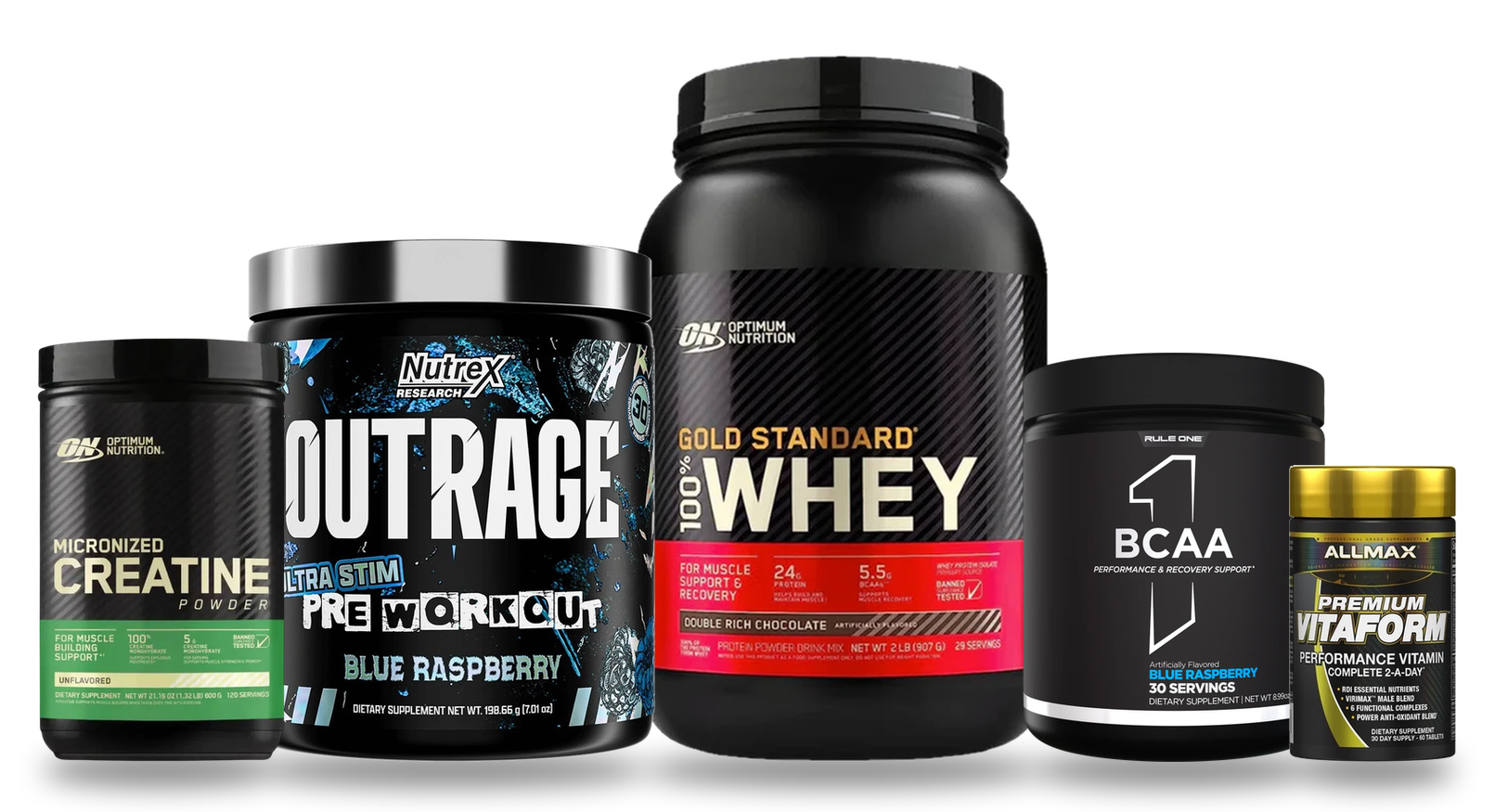 Suplementos de REVTILE: creatina Optimum Nutrition, whey Gold Standard, pre-entreno Nutrex Outrage, BCAA Rule 1 y multivitamínico AllMax Vitaform