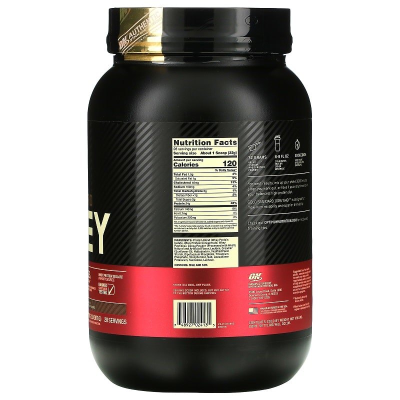 Foto de la etiqueta del envase de Optimum Nutrition Gold Standard 100% Whey, sabor Extreme Milk Chocolate
