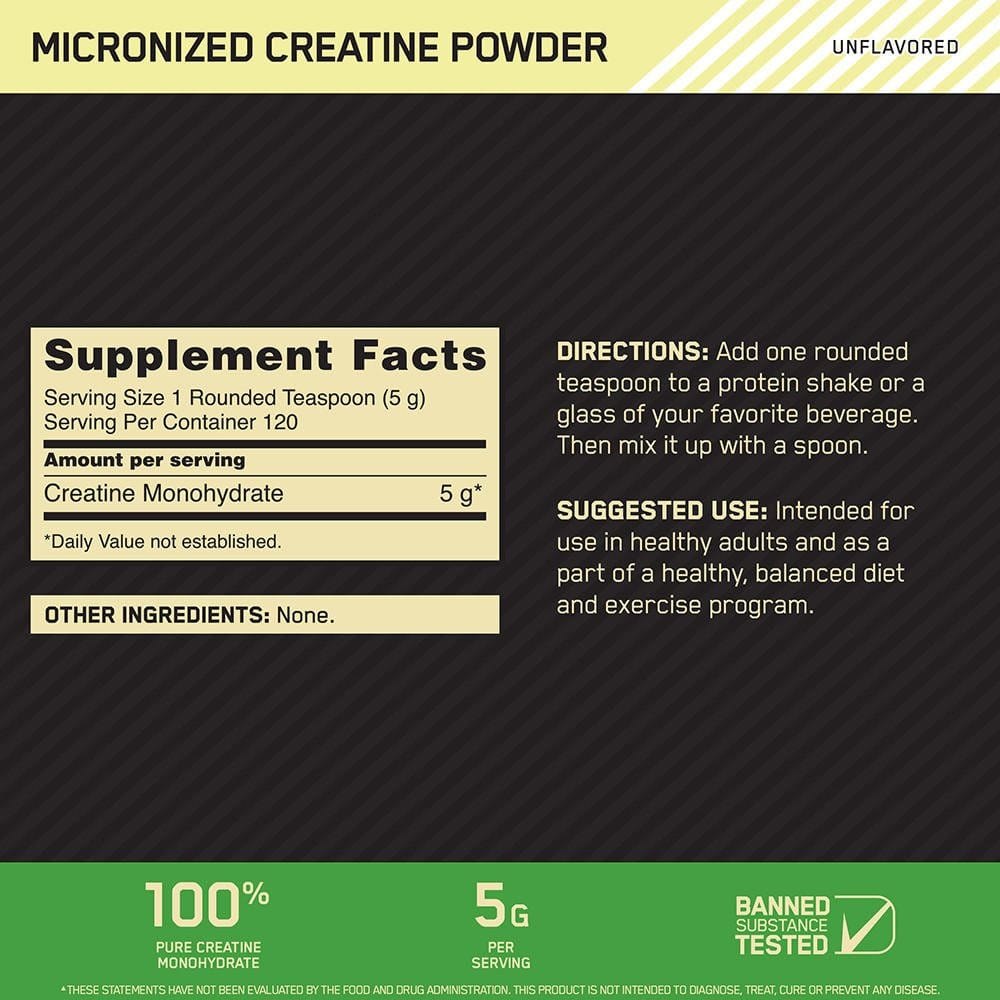 Foto de la tabla nutricional impresa en el envase de Optimum Nutrition Micronized Creatine Powder